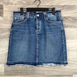 Pepe Jeans Mini Skirt Women's Large Blue‎ Denim Cotton Stretch Raw Hem Classic